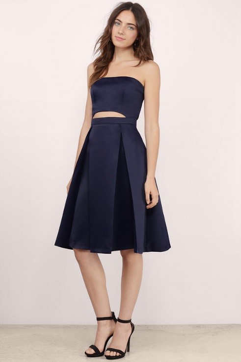 Tobi Navy Pleated Skater Dress